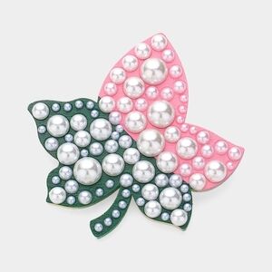 Pink & Green Leaf 3 Inch Two Tone Ivy Pearl Bling Fashion Flower Brooch Pin